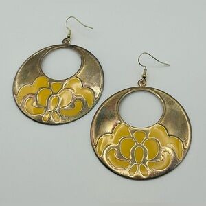 Large Gold Tone Hoops with Yellow Floral Design and Cutout